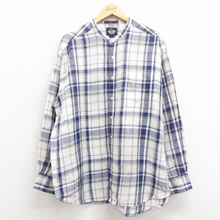 XL★古着 ドッカーズ 長袖 ブランド シャツ メンズ 90年代 90s 大きいサイズ リネン ノーカラー 白他 チェック 25dec08