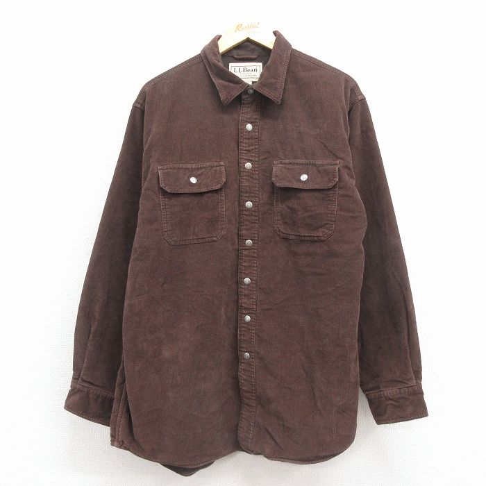 XL★古着 エルエルビーン 長袖 ブランド シャツ メンズ 00年代 00s コーデュロイ ロング丈 コットン こげ茶 内側フリース 25dec08