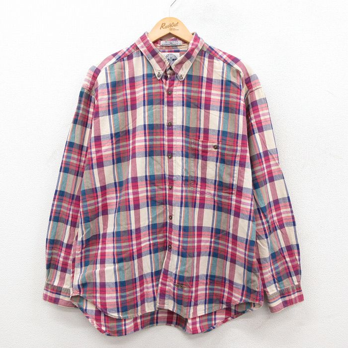 ドッカーズ 90s 長袖シャツ ワンポイントロゴ ベージュチェック XL | 古着