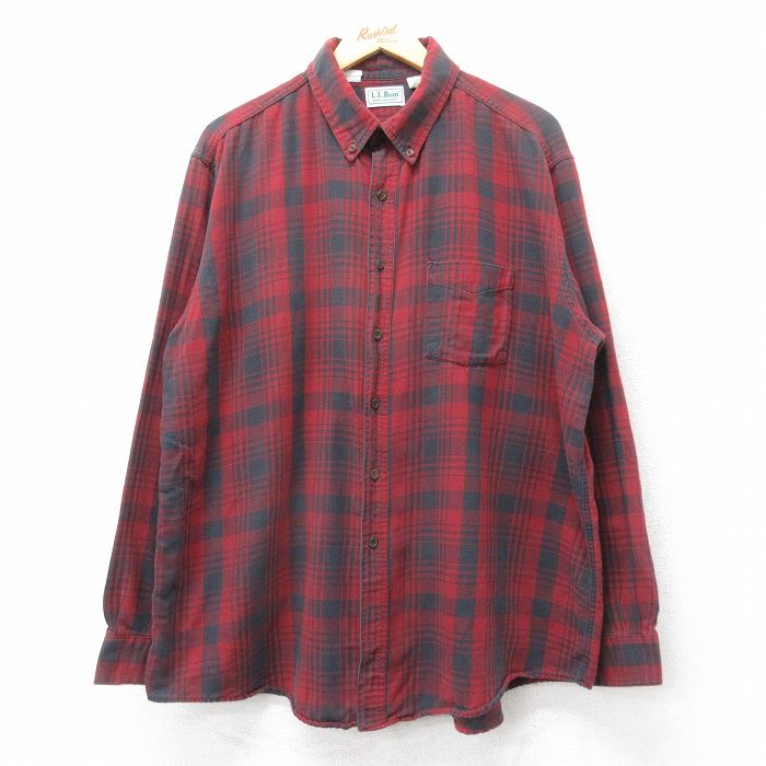 XL★古着 エルエルビーン 長袖 ブランド シャツ メンズ 90年代 90s 大きいサイズ コットン ボタンダウン USA製 エンジ他 チェック 25dec17