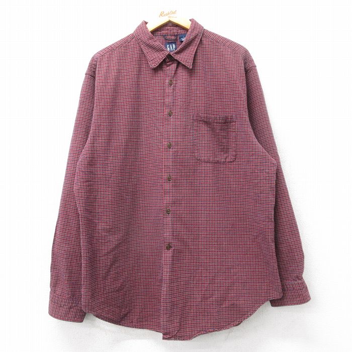 XL★古着 ギャップ GAP 長袖 ブランド シャツ メンズ 00年代 00s 大きいサイズ ロング丈 コットン エンジ他 チェック 25dec17