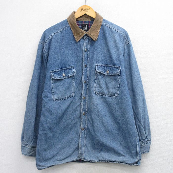 XL★古着 ギャップ GAP 長袖 ブランド シャツ メンズ 90年代 90s 襟コーデュロイ コットン 紺 デニム 内側フランネル 内側キルティング【spe】 25dec20