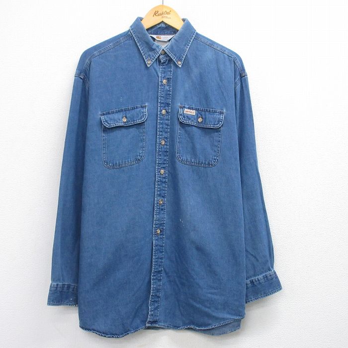 XL★古着 カーハート 長袖 ブランド シャツ メンズ 90年代 90s ロング丈 コットン ボタンダウン 紺 デニム【spe】 25dec20