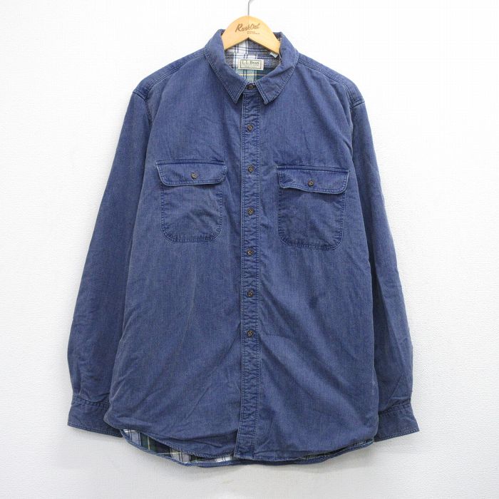 XL★古着 エルエルビーン 長袖 ブランド シャツ メンズ 80年代 80s 大きいサイズ ロング丈 コットン USA製 紺 内側フランネル 25dec20