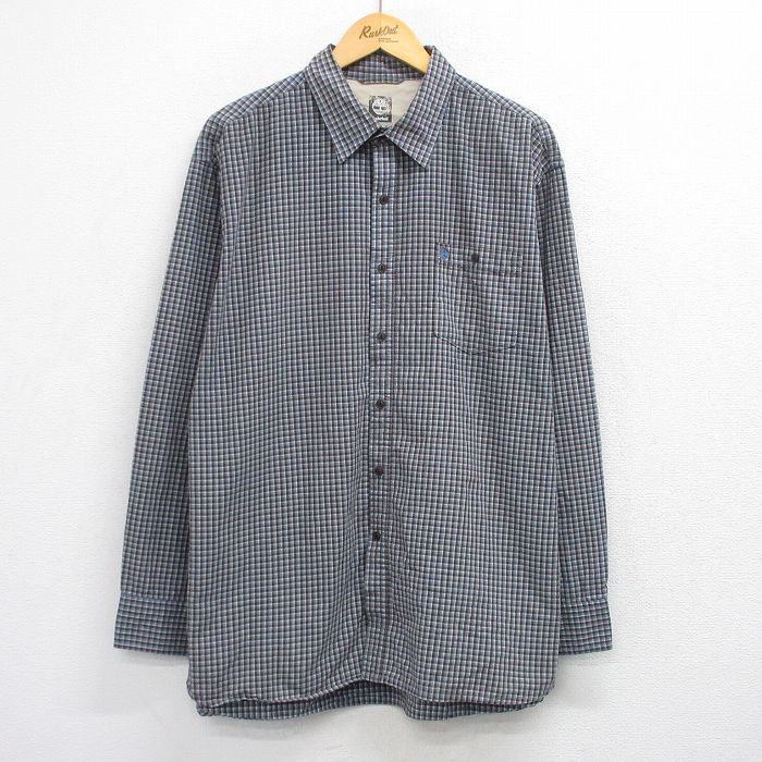 XL★古着 ティンバーランド 長袖 ブランド シャツ メンズ ワンポイントロゴ 大きいサイズ コットン 薄紺 チェック 25dec20