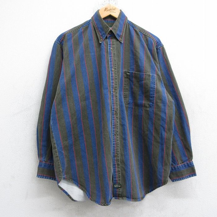 L★古着 アメリカンイーグル 長袖 ブランド シャツ メンズ 90年代 90s コットン 濃緑他 ストライプ【spe】 26jan19
