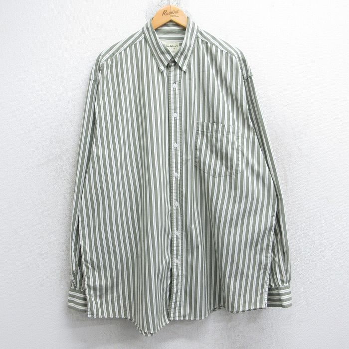 XL★古着 エディーバウアー 長袖 ブランド シャツ メンズ 00年代 00s 大きいサイズ ロング丈 コットン ボタンダウン 濃緑系他 ストライプ 26jan19