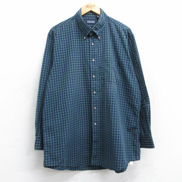 XL★古着 ランズエンド 長袖 ブランド シャツ メンズ 00年代 00s 大きいサイズ コットン ボタンダウン 緑他 チェック 26jan19