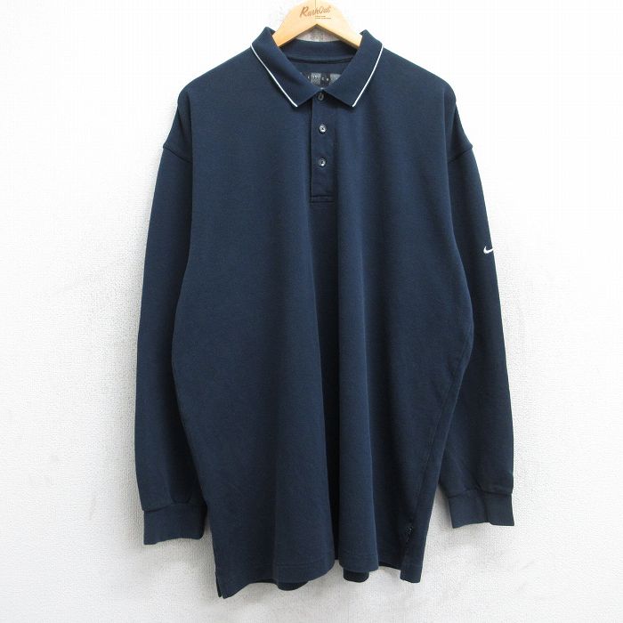 XL★古着 ナイキ NIKE ゴルフ 長袖 ブランド ポロ シャツ メンズ 00年代 00s 鹿の子 ドライフィット ロング丈 紺 26jan22