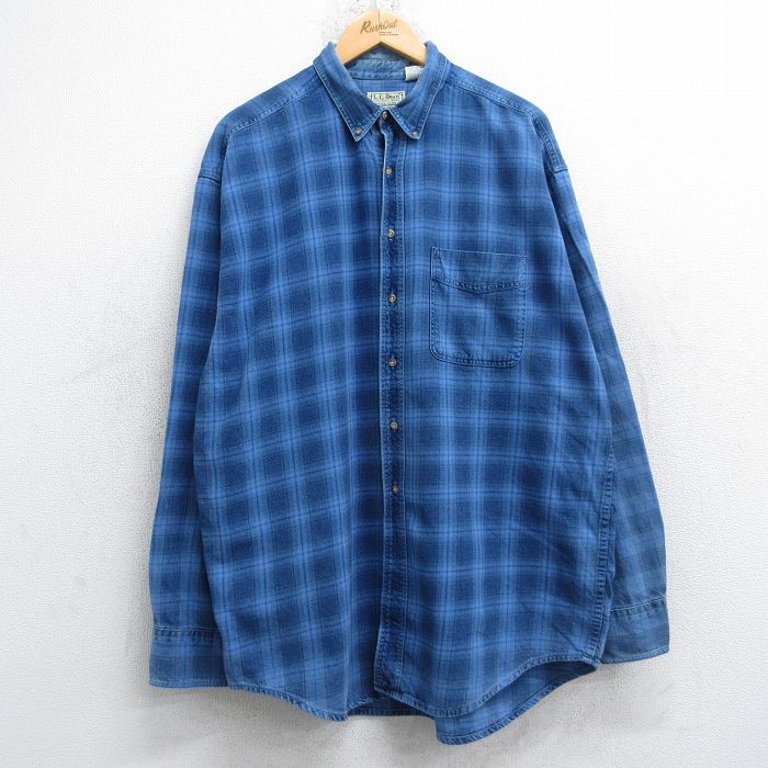 XL★古着 エルエルビーン 長袖 ブランド シャツ メンズ 80年代 80s ロング丈 コットン ボタンダウン USA製 紺他 チェック 26jan22