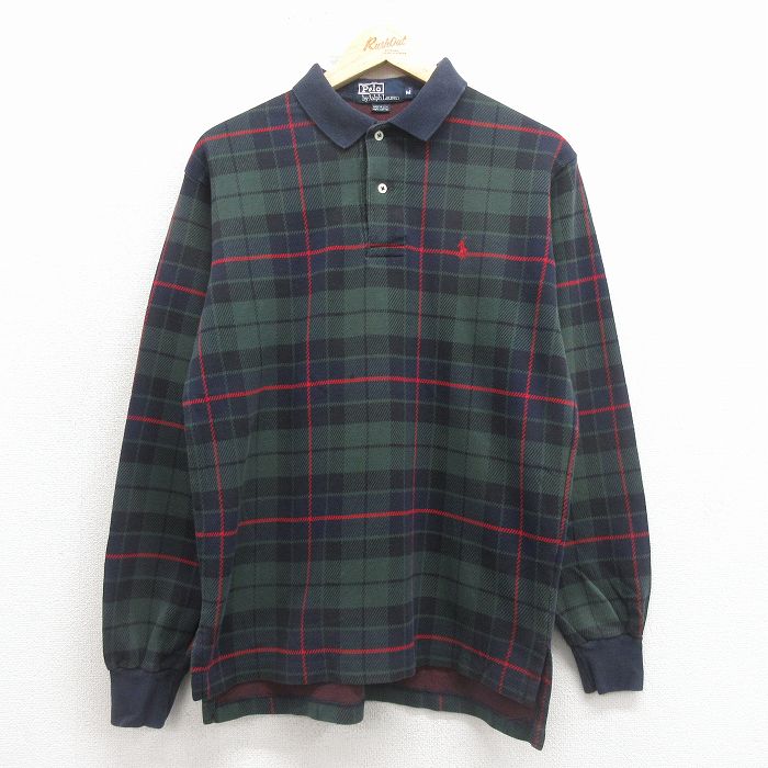 M★古着 ラルフローレン 長袖 ブランド ポロ シャツ メンズ 90年代 90s ワンポイントロゴ コットン USA製 緑他 チェック【spe】 26jan29