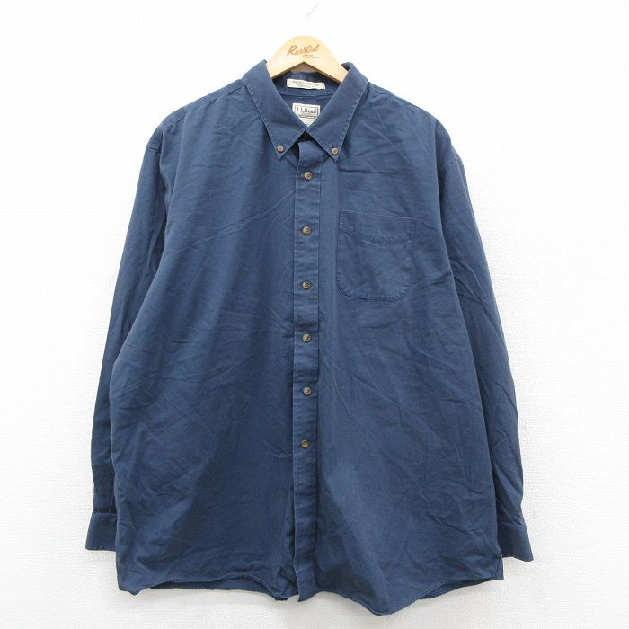 XL★古着 エルエルビーン 長袖 ブランド シャツ メンズ 00年代 00s 大きいサイズ ロング丈 コットン ボタンダウン 紺 26feb09