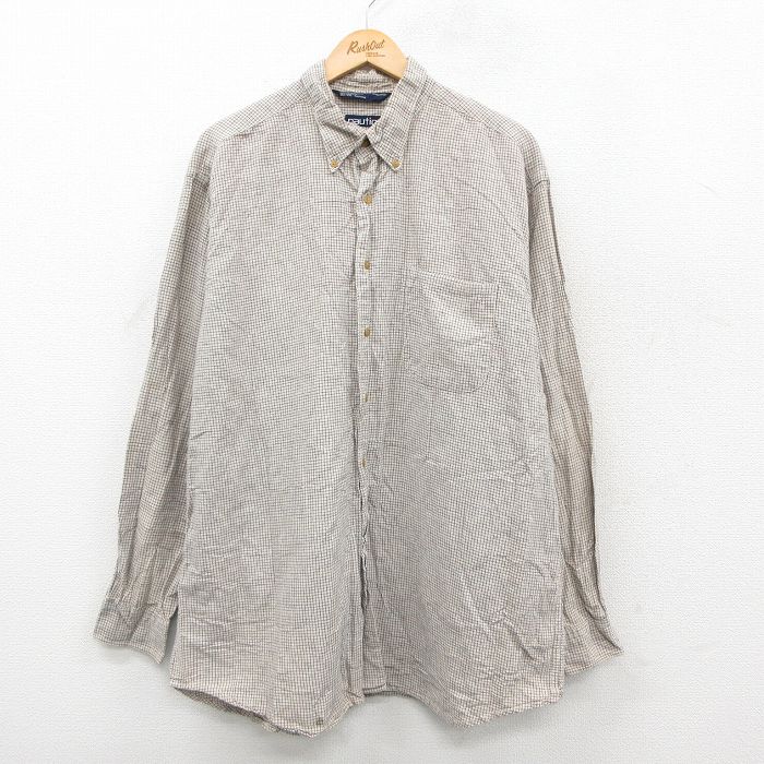 XL★古着 ノーティカ 長袖 ブランド シャツ メンズ 90年代 90s 大きいサイズ ロング丈 リネン ボタンダウン ベージュ他 チェック 26feb09