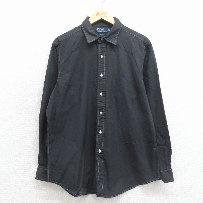 XL★古着 ラルフローレン 長袖 ブランド シャツ メンズ 90年代 90s ワンポイントロゴ ANDREW コットン 黒【spe】 26feb09