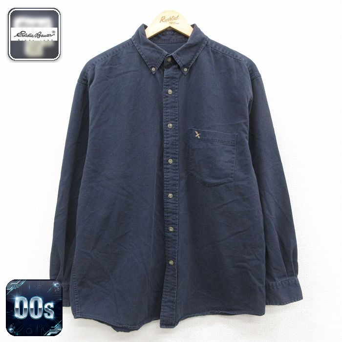 【50%OFF】エディーバウアー 00s 長袖シャツ ワンポイントロゴ ネイビー XL | 古着