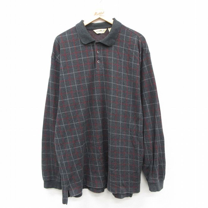 XL★古着 エディーバウアー 長袖 ブランド ポロ シャツ メンズ 00年代 00s ロング丈 コットン 黒他 チェック 26feb14