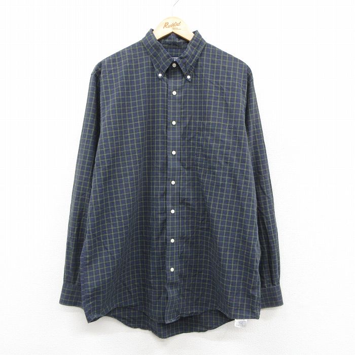 XL★古着 ランズエンド 長袖 ブランド シャツ メンズ 00年代 00s 大きいサイズ ロング丈 コットン ボタンダウン 紺他 チェック 26feb14