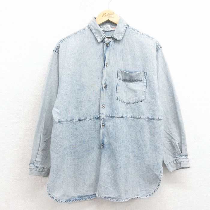 M★古着 カルバンクライン 長袖 シャツ レディース 90年代 90s ケミカルウォッシュ コットン USA製 紺 デニム 26feb16