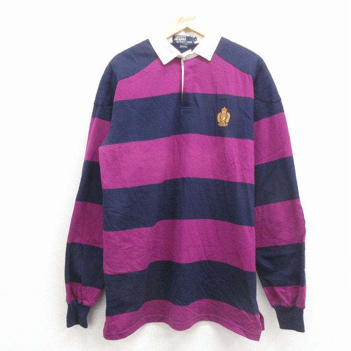 L★古着 ラルフローレン 長袖 ブランド ラガー シャツ メンズ 90年代 90s ワンポイントロゴ ロング丈 コットン USA製 紫 ボーダー【spe】 26feb16