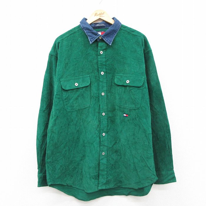 【20%OFF】トミーヒルフィガー 90s 長袖シャツ ワンポイントロゴ グリーン XL | 古着