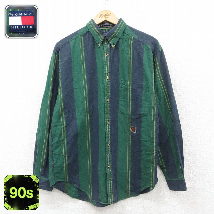 【50%OFF】トミーヒルフィガー 90s 長袖シャツ ワンポイントロゴ グリーンストライプ L | 古着