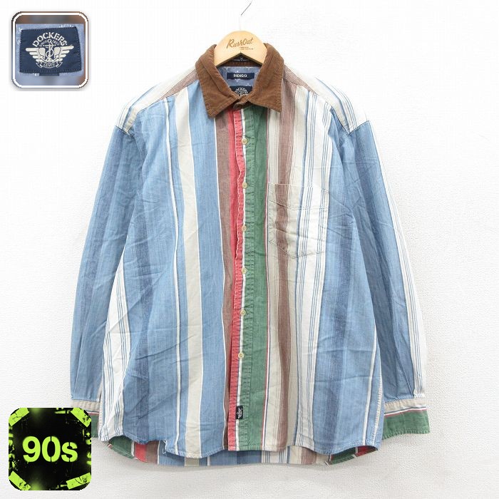 【50%OFF】ドッカーズ 90s 長袖シャツ 襟コーデュロイ ネイビーストライプ L | 古着