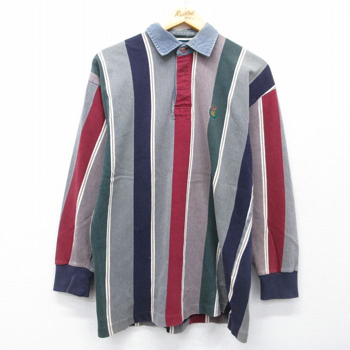 M★古着 ラルフローレン チャップス 長袖 ブランド ラガー シャツ メンズ 90年代 90s ワンポイントロゴ コットン グレー他 ストライプ【spe】 26mar02