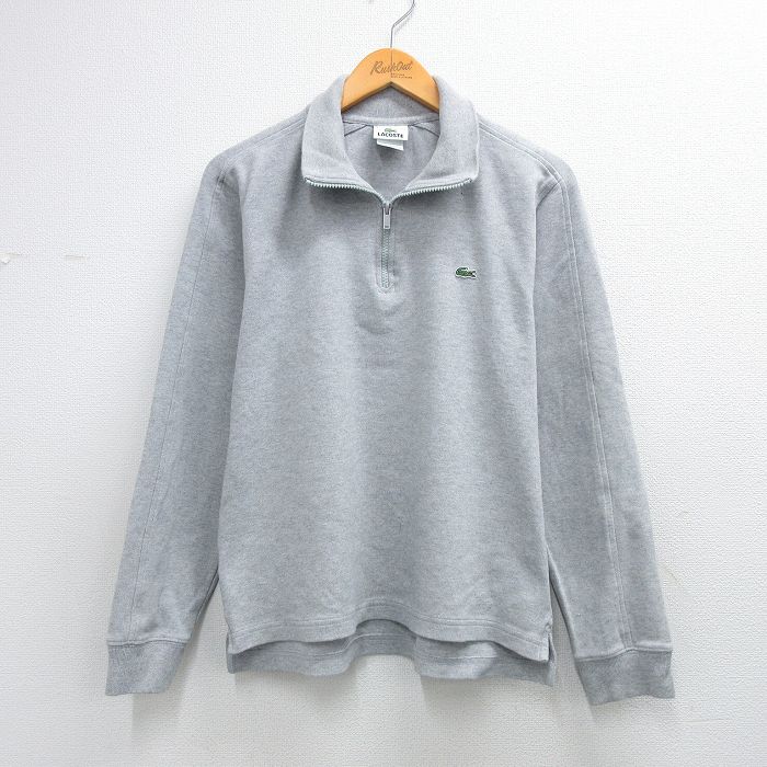 M★古着 ラコステ LACOSTE 長袖 ブランド ハーフジップ トップス メンズ ワンポイントロゴ グレー 霜降り 26mar04