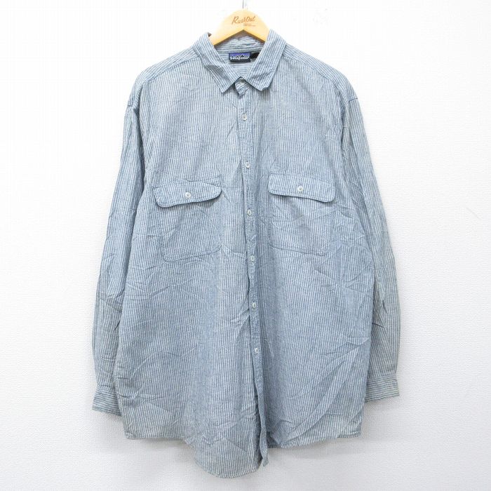 XL★古着 パタゴニア patagonia 長袖 ブランド シャツ メンズ 00年代 00s ワンポイントロゴ ロング丈 コットン 薄紺他 ストライプ【spe】 26mar04