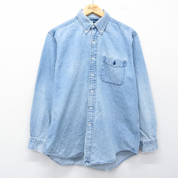 L★古着 ラルフローレン 長袖 ブランド シャツ メンズ 90年代 90s ワンポイントロゴ コットン ボタンダウン 紺 デニム【spe】 26mar06