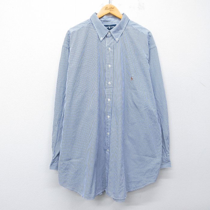 XL★古着 ラルフローレン 長袖 ブランド シャツ メンズ 90年代 90s ワンポイントロゴ BIG&TALL オックスフォード 大きいサイズ ロング丈 コットン 白他 ストライプ【spe】 26mar06