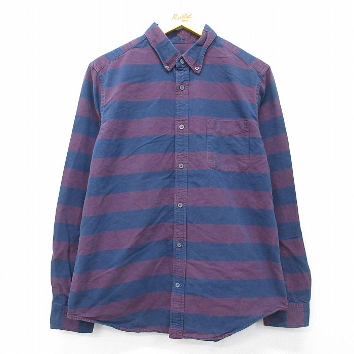 L★古着 ギャップ GAP 長袖 ブランド シャツ メンズ コットン ボタンダウン エンジ他 ボーダー 26mar06