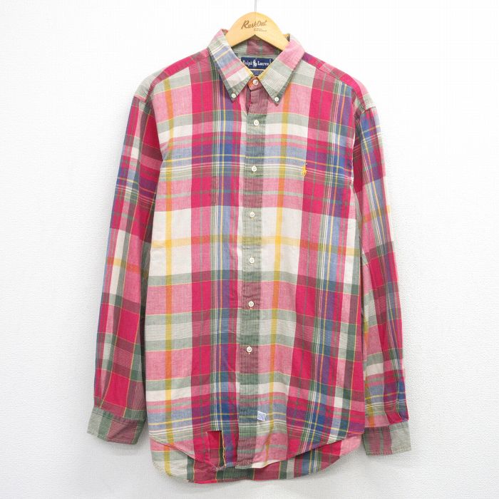 XL★古着 ラルフローレン 長袖 ブランド シャツ メンズ 90年代 90s ワンポイントロゴ 大きいサイズ ロング丈 コットン ボタンダウン ピンク他 チェック 26mar07