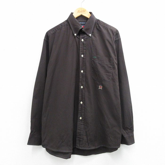 XL★古着 トミーヒルフィガー 長袖 ブランド シャツ メンズ 90年代 90s ワンポイントロゴ 大きいサイズ コットン ボタンダウン 濃ベージュ 26mar09