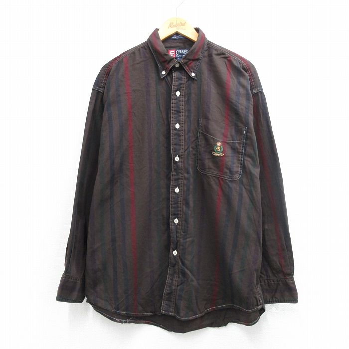 XL★古着 ラルフローレン チャップス 長袖 ブランド シャツ メンズ 90年代 90s ワンポイントロゴ コットン ボタンダウン 茶他 ストライプ 26mar09