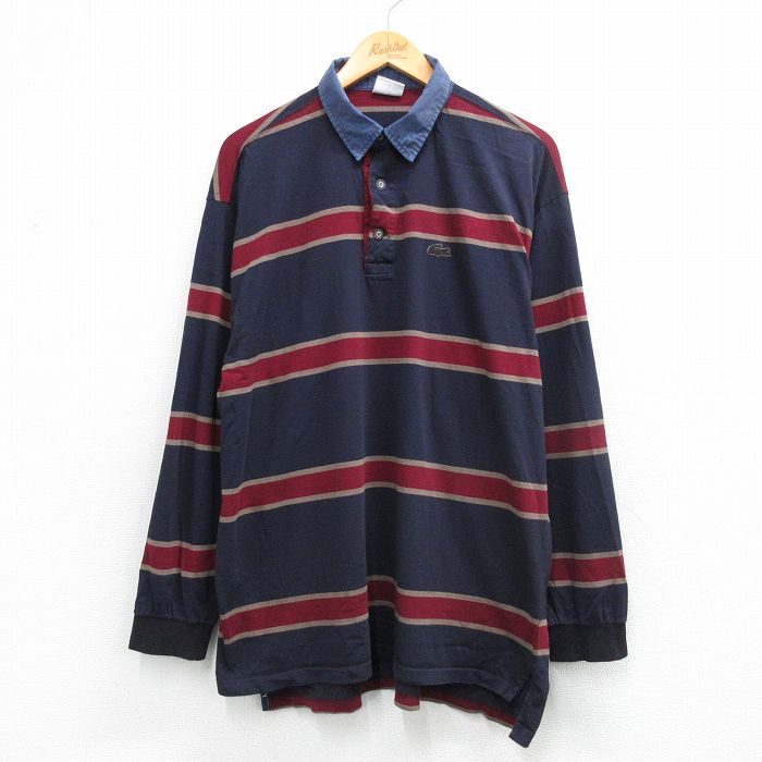 XL★古着 ラコステ LACOSTE 長袖 ブランド ポロ シャツ メンズ ワンポイントロゴ 濃紺他 ストライプ 26mar09