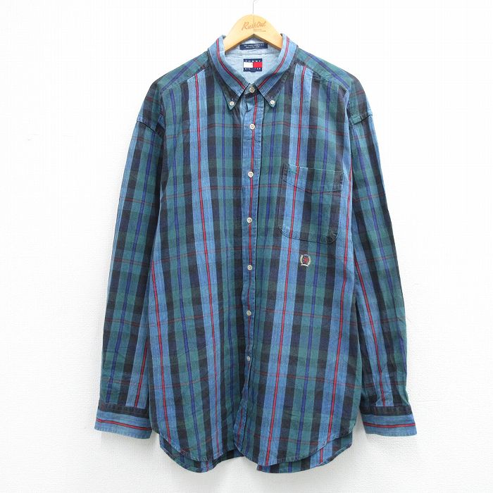 トミーヒルフィガー 90s 長袖シャツ ワンポイントロゴ ネイビーチェック XL | 古着