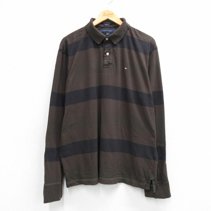 XL★古着 トミーヒルフィガー 長袖 ブランド ポロ シャツ メンズ ワンポイントロゴ コットン 茶他 ボーダー 26mar11
