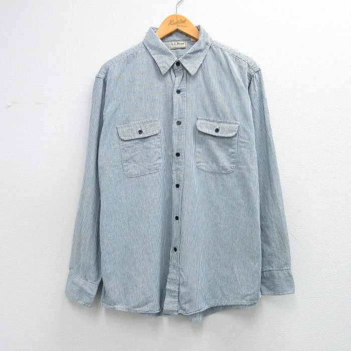 XL★古着 エルエルビーン 長袖 ブランド シャツ メンズ 80年代 80s コットン USA製 紺他 ストライプ【spe】 26mar11