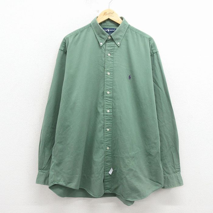 XL★古着 ラルフローレン 長袖 ブランド シャツ メンズ 90年代 90s ワンポイントロゴ 大きいサイズ ロング丈 コットン ボタンダウン 緑【spe】 26mar10