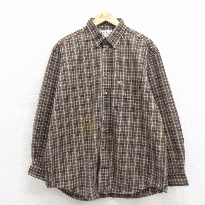 XL★古着 カーハート 長袖 ブランド シャツ メンズ 大きいサイズ コットン ボタンダウン ベージュ系他 チェック 26mar10