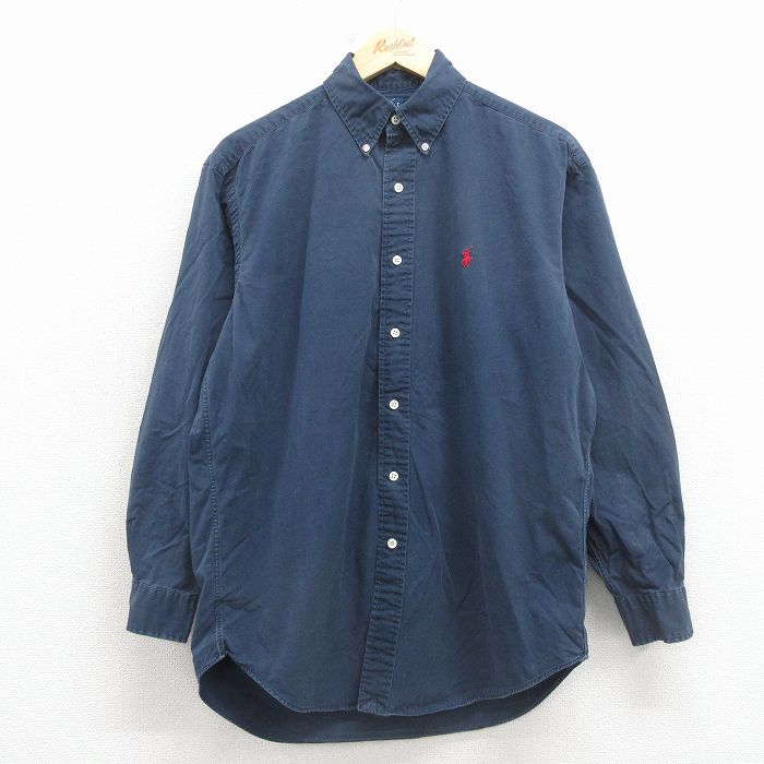 L★古着 ラルフローレン 長袖 ブランド シャツ メンズ 90年代 90s ワンポイントロゴ BLAKE コットン ボタンダウン 紺 26mar10