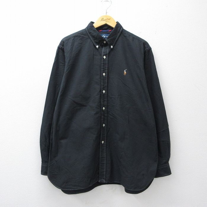 XL★古着 ラルフローレン 長袖 ブランド シャツ メンズ 90年代 90s ワンポイントロゴ オックスフォード 大きいサイズ コットン ボタンダウン 黒【spe】 26mar13