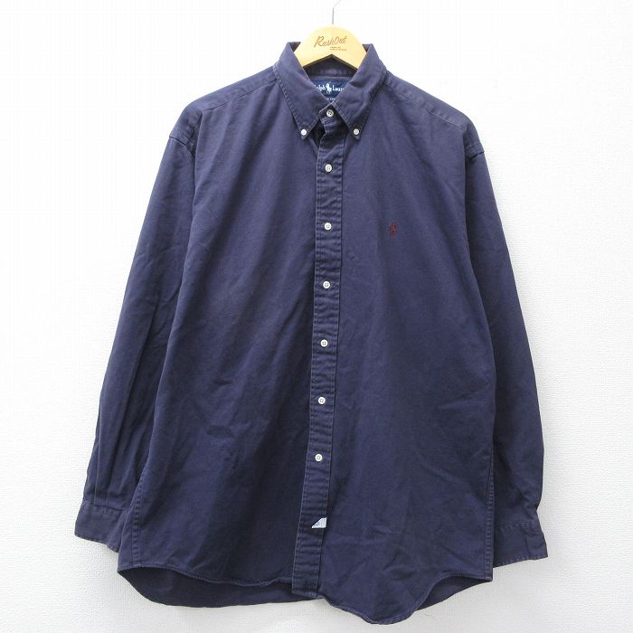 XL★古着 ラルフローレン 長袖 ブランド シャツ メンズ 90年代 90s ワンポイントロゴ 大きいサイズ ロング丈 コットン ボタンダウン 紺 26mar13
