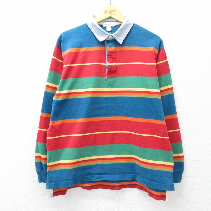 L★古着 ジェイクルー 長袖 ブランド ラガー シャツ メンズ 90年代 90s 襟デニム コットン 赤他 ボーダー【spe】 26mar13