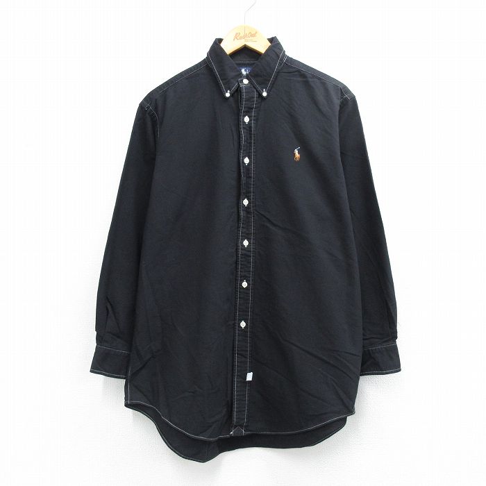 XL★古着 ラルフローレン 長袖 ブランド シャツ メンズ 90年代 90s ワンポイントロゴ オックスフォード コットン ボタンダウン 黒 26mar14