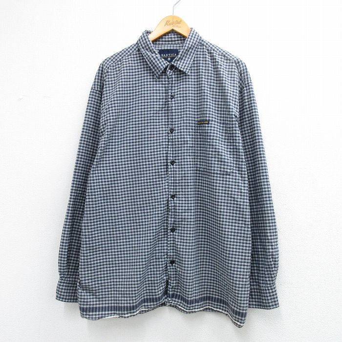 XL★古着 ノーティカ 長袖 ブランド シャツ メンズ ワンポイントロゴ 大きいサイズ ロング丈 コットン 紺他 チェック 26mar14