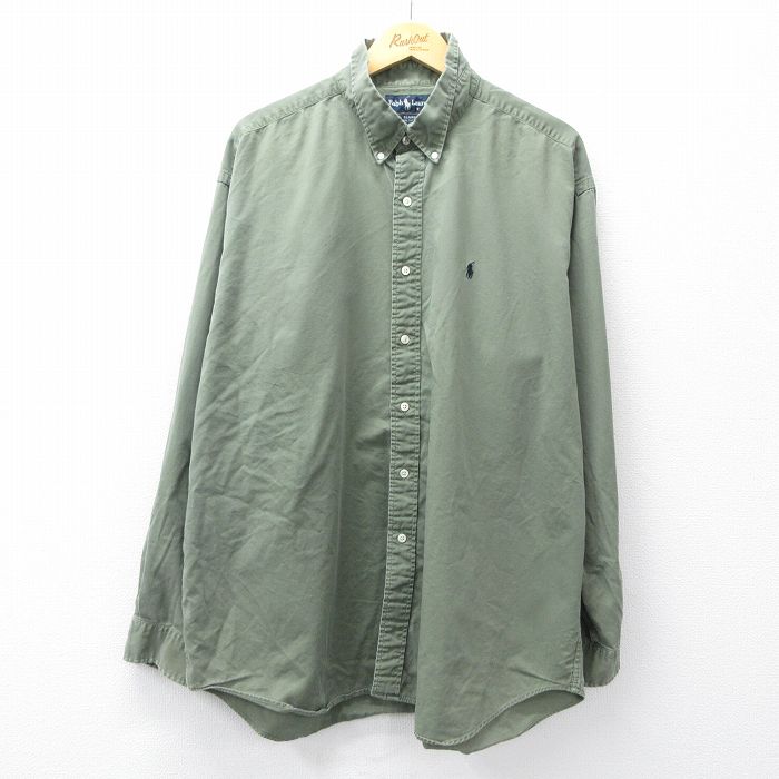 XL★古着 ラルフローレン 長袖 ブランド シャツ メンズ 90年代 90s ワンポイントロゴ BLAIRE 大きいサイズ ロング丈 コットン ボタンダウン 緑系 26mar16
