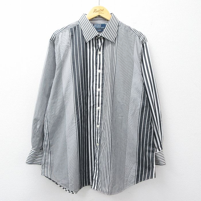 XL★古着 ラルフローレン 長袖 ブランド シャツ メンズ 90年代 90s CURHAM 大きいサイズ ロング丈 コットン 黒他 ストライプ【spe】 26mar16