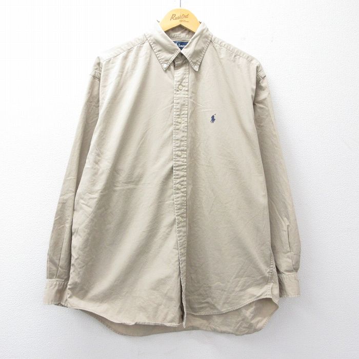 XL★古着 ラルフローレン 長袖 ブランド シャツ メンズ 90年代 90s ワンポイントロゴ BLAIRE 大きいサイズ ロング丈 コットン ベージュ【spe】 26mar16